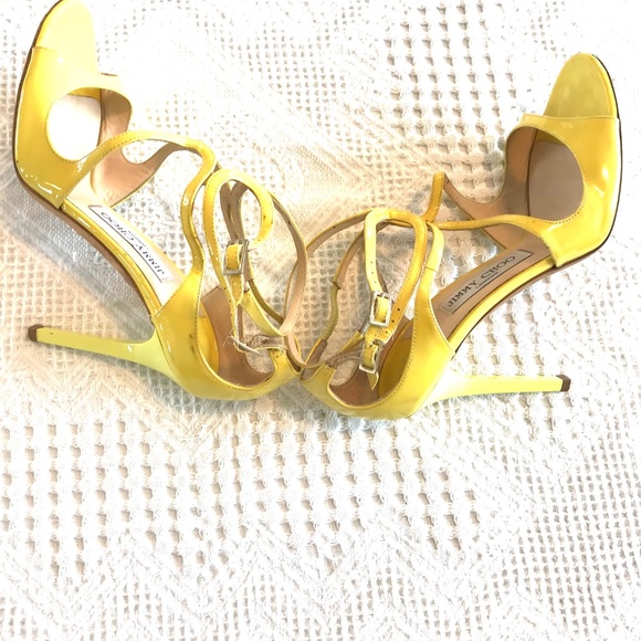 Jimmy Choo London women's shoes 4" heel yellow patent leather strappy size 38/8 - Picture 10 of 14